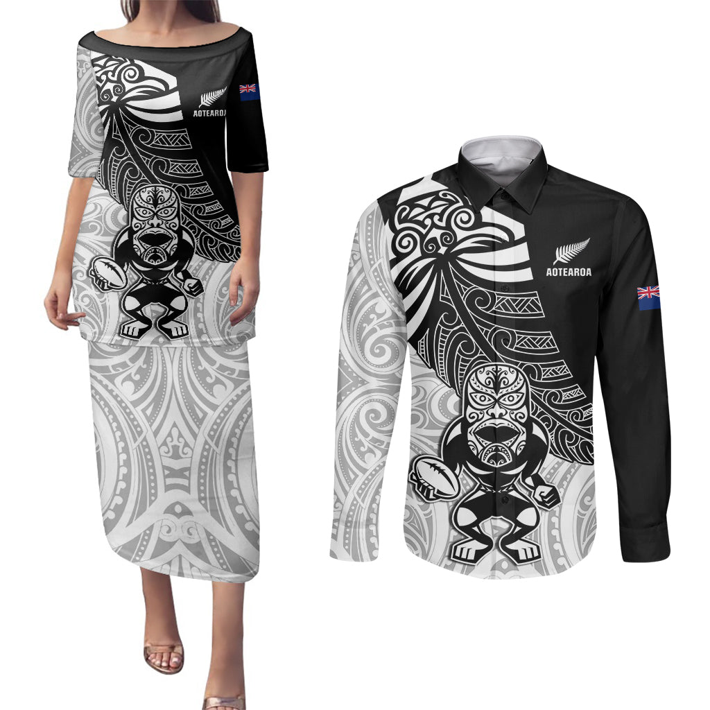 Custom New Zealand Fern Rugby Couples Matching Puletasi Dress and Long Sleeve Button Shirts World Cup 2023 Go Aotearoa Maori Pattern LT05 Black - Polynesian Pride