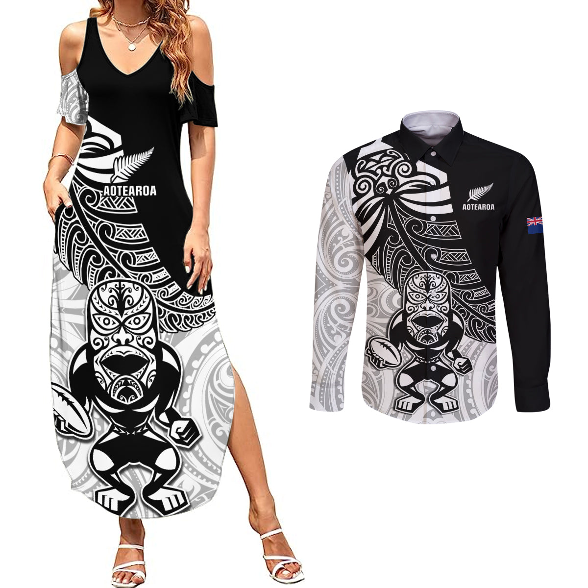 Custom New Zealand Fern Rugby Couples Matching Summer Maxi Dress and Long Sleeve Button Shirts World Cup 2023 Go Aotearoa Maori Pattern LT05 Black - Polynesian Pride