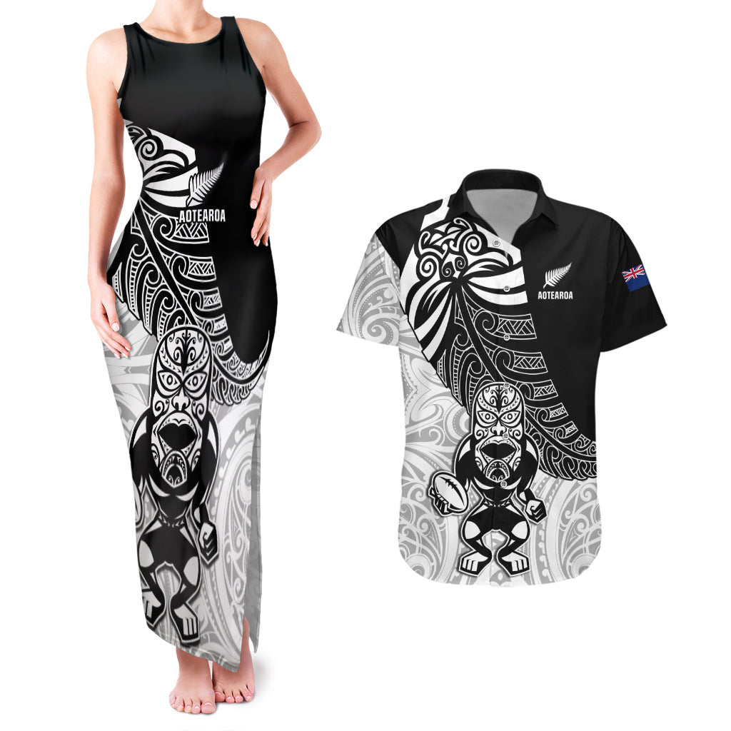 Custom New Zealand Fern Rugby Couples Matching Tank Maxi Dress and Hawaiian Shirt World Cup 2023 Go Aotearoa Maori Pattern LT05 Black - Polynesian Pride