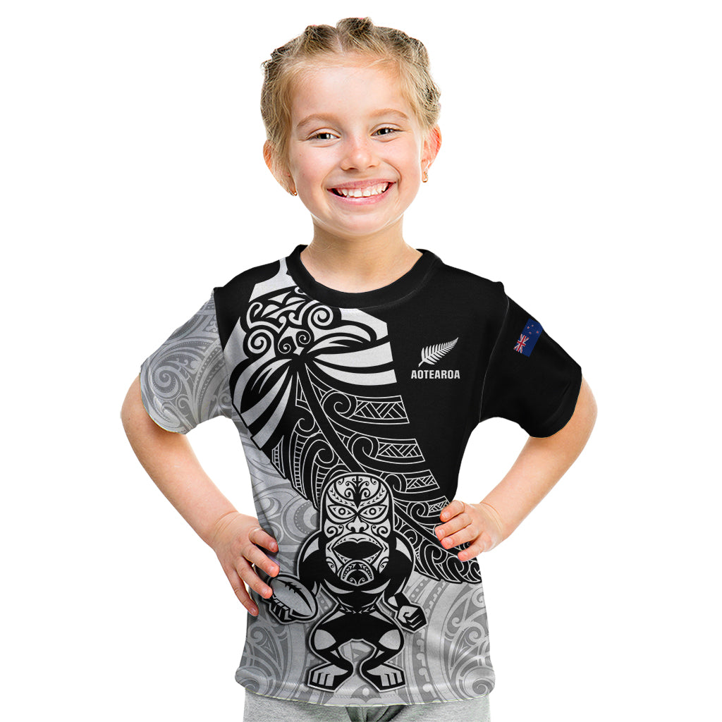 Custom New Zealand Fern Rugby Kid T Shirt World Cup 2023 Go Aotearoa Maori Pattern LT05 Black - Polynesian Pride