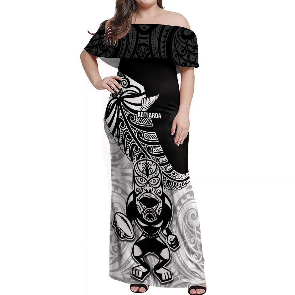 Custom New Zealand Fern Rugby Off Shoulder Maxi Dress World Cup 2023 Go Aotearoa Maori Pattern LT05 Women Black - Polynesian Pride