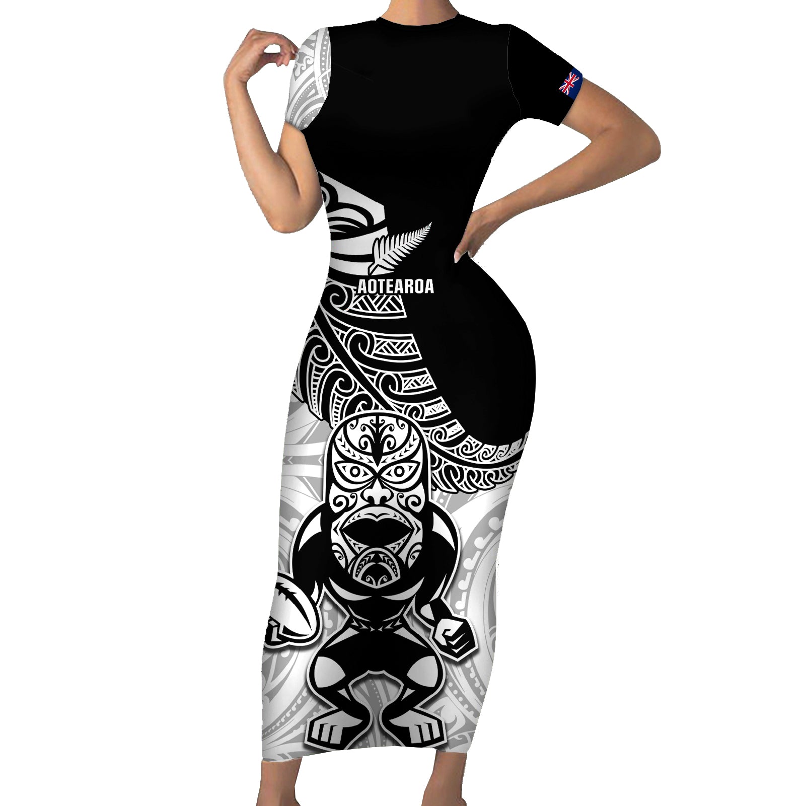 Custom New Zealand Fern Rugby Short Sleeve Bodycon Dress World Cup 2023 Go Aotearoa Maori Pattern LT05 Long Dress Black - Polynesian Pride