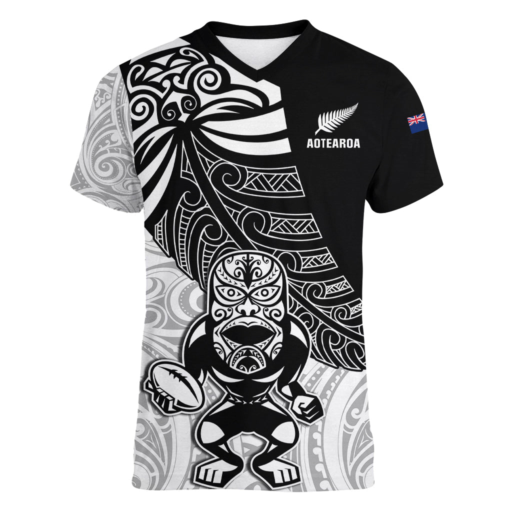 Custom New Zealand Fern Rugby Women V Neck T Shirt World Cup 2023 Go Aotearoa Maori Pattern LT05 Female Black - Polynesian Pride