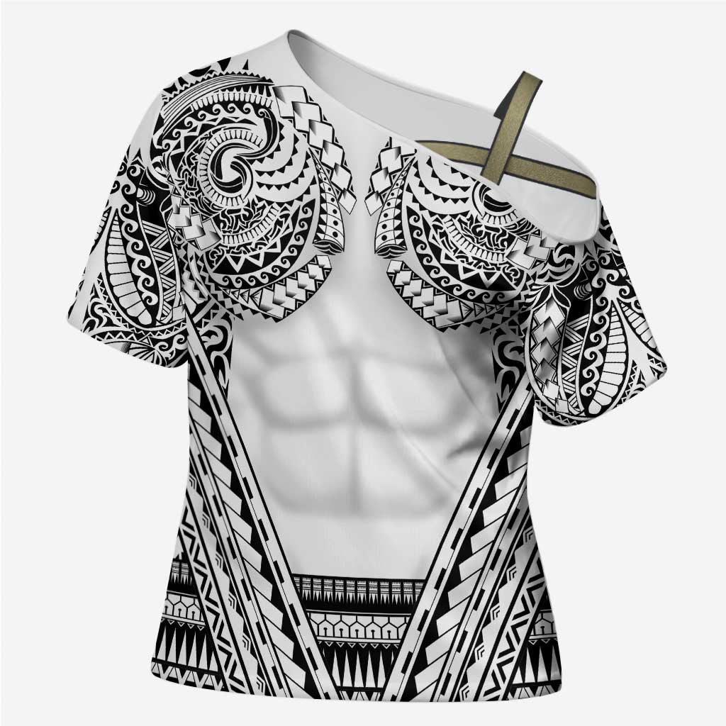 Polynesian Tattoo Inspired Cosplay Costume Cross Shoulder Shirt Tribal Warrior White LT05 Female White - Polynesian Pride