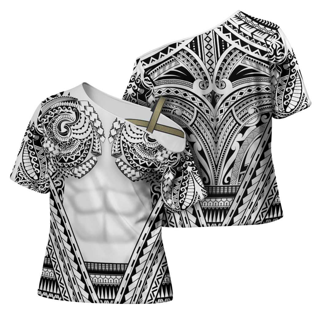 Polynesian Tattoo Inspired Cosplay Costume Cross Shoulder Shirt Tribal Warrior White LT05 - Polynesian Pride
