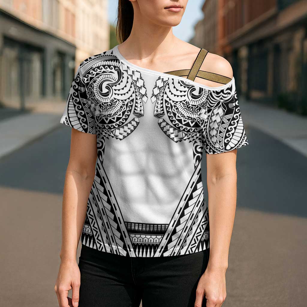 Polynesian Tattoo Inspired Cosplay Costume Cross Shoulder Shirt Tribal Warrior White LT05 - Polynesian Pride
