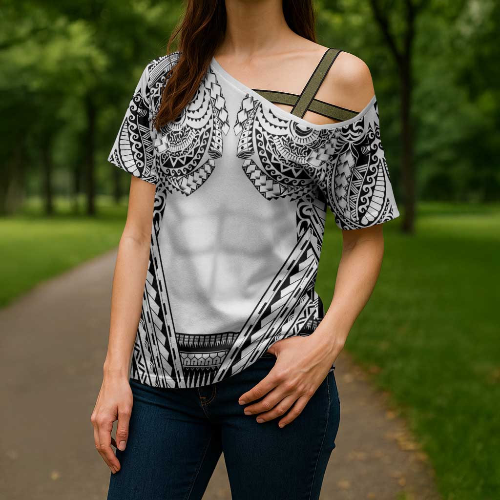Polynesian Tattoo Inspired Cosplay Costume Cross Shoulder Shirt Tribal Warrior White LT05 - Polynesian Pride