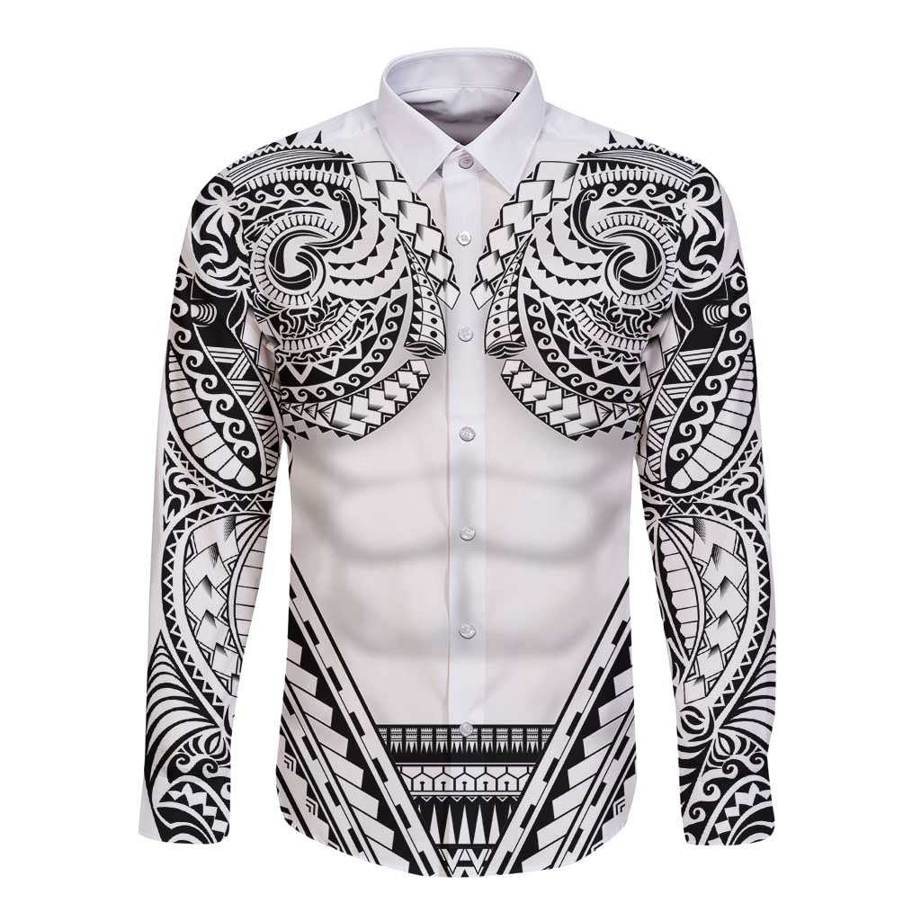 Polynesian Tattoo Inspired Cosplay Costume Long Sleeve Button Shirt Tribal Warrior White LT05 Unisex White - Polynesian Pride