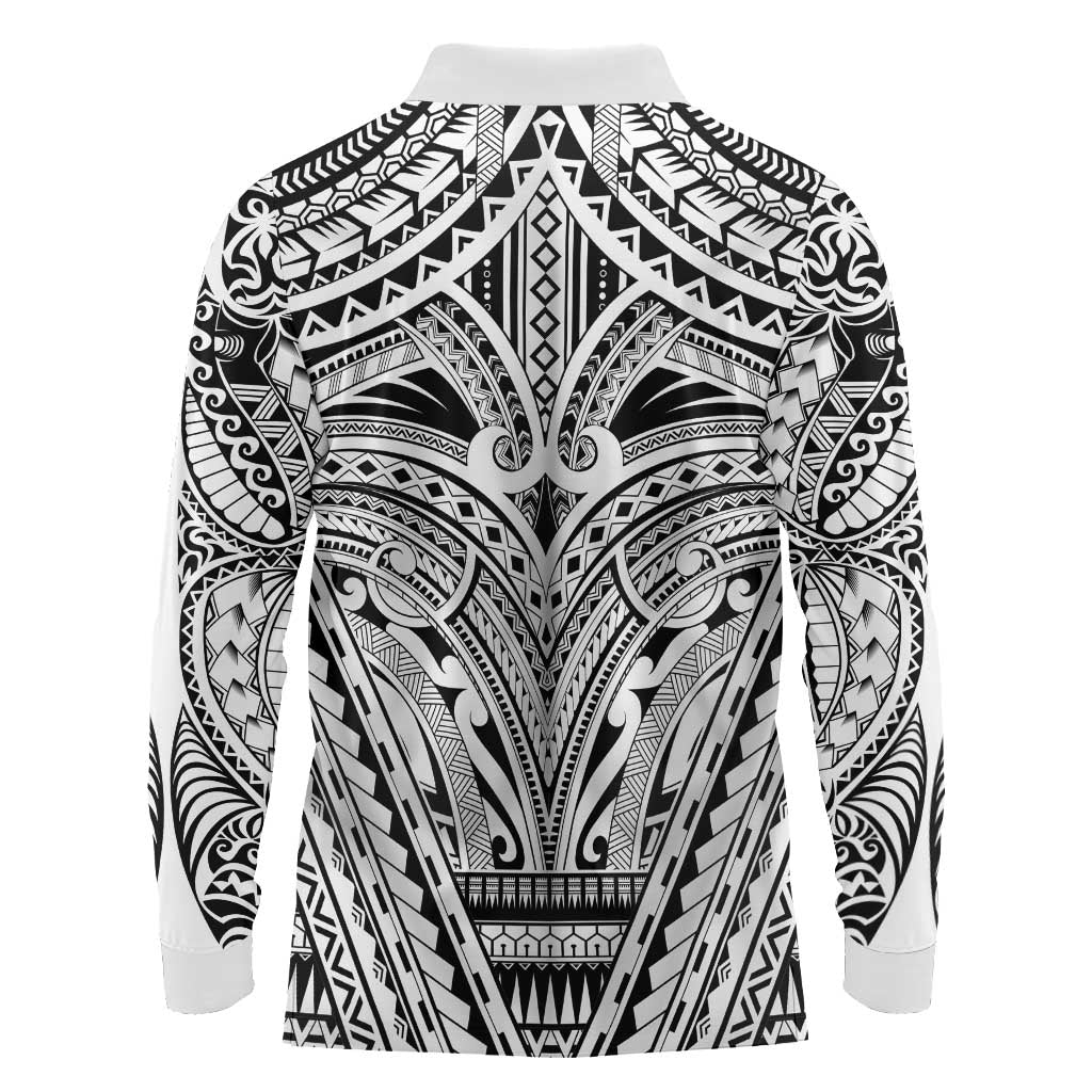 Polynesian Tattoo Inspired Cosplay Costume Long Sleeve Polo Shirt Tribal Warrior White LT05 - Polynesian Pride