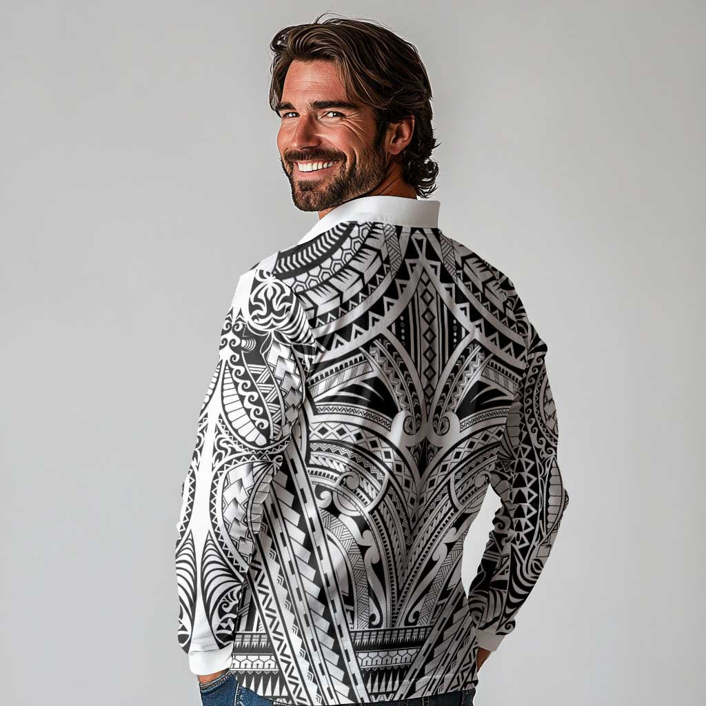 Polynesian Tattoo Inspired Cosplay Costume Long Sleeve Polo Shirt Tribal Warrior White LT05 - Polynesian Pride