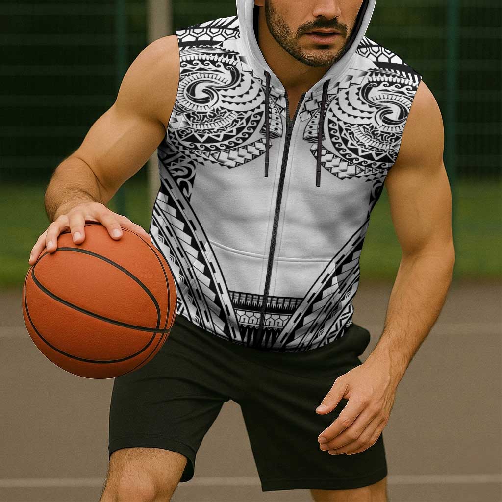 Polynesian Tattoo Inspired Cosplay Costume Sleeveless Zip Hoodie Tribal Warrior White LT05 - Polynesian Pride