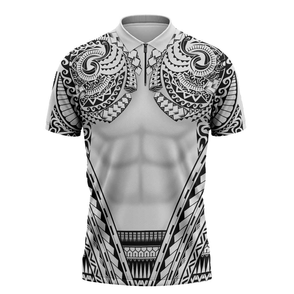 Polynesian Tattoo Inspired Cosplay Costume Zipper Polo Shirt Tribal Warrior White LT05 White - Polynesian Pride