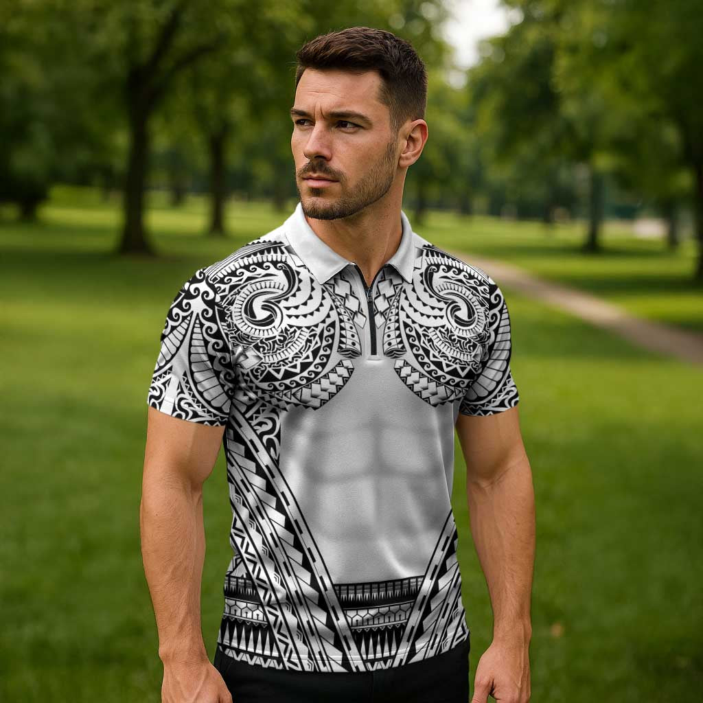Polynesian Tattoo Inspired Cosplay Costume Zipper Polo Shirt Tribal Warrior White LT05 - Polynesian Pride