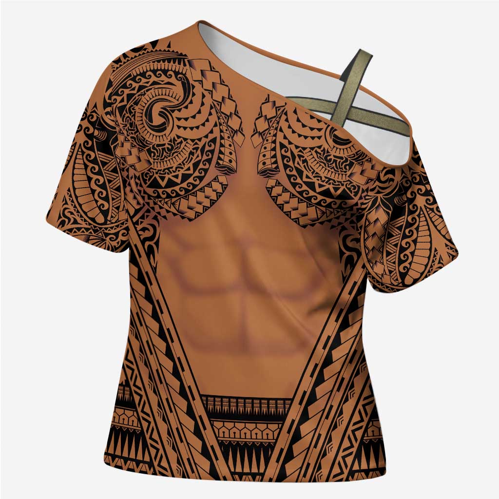 Polynesian Tattoo Inspired Cosplay Costume Cross Shoulder Shirt Tribal Warrior LT05 Female Brown - Polynesian Pride
