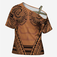 Polynesian Tattoo Inspired Cosplay Costume Cross Shoulder Shirt Tribal Warrior LT05 Female Brown - Polynesian Pride