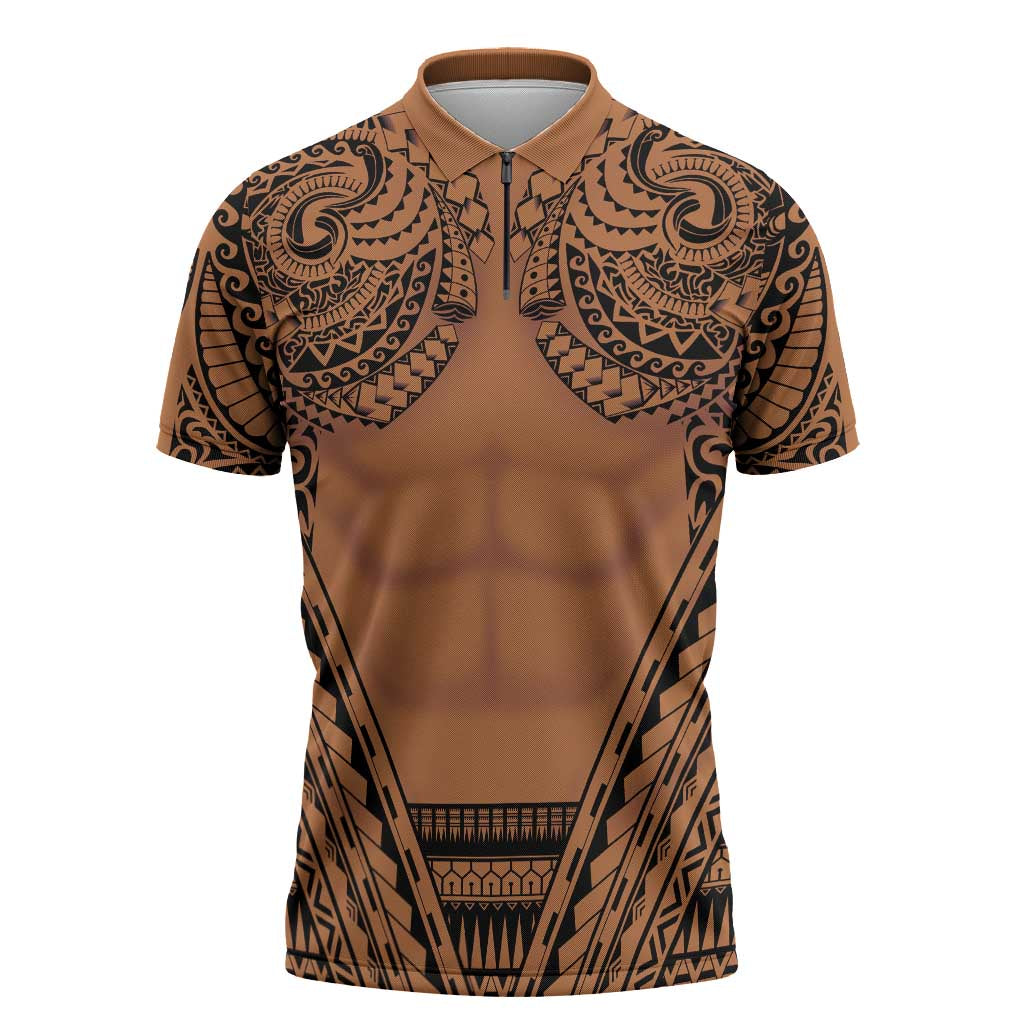 Polynesian Tattoo Inspired Cosplay Costume Zipper Polo Shirt Tribal Warrior LT05 Brown - Polynesian Pride