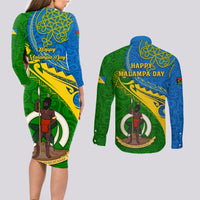Malampa Day Couples Matching Long Sleeve Bodycon Dress and Long Sleeve Button Shirts Sand Drawing Vanuatuan Pattern LT05 - Polynesian Pride