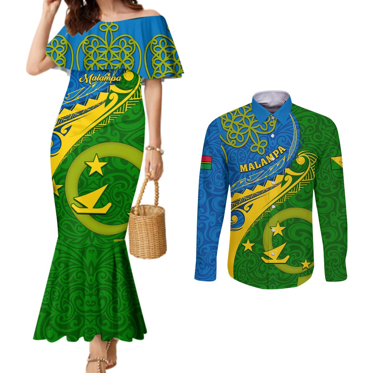 Malampa Day Couples Matching Mermaid Dress and Long Sleeve Button Shirts Sand Drawing Vanuatuan Pattern LT05 Green - Polynesian Pride