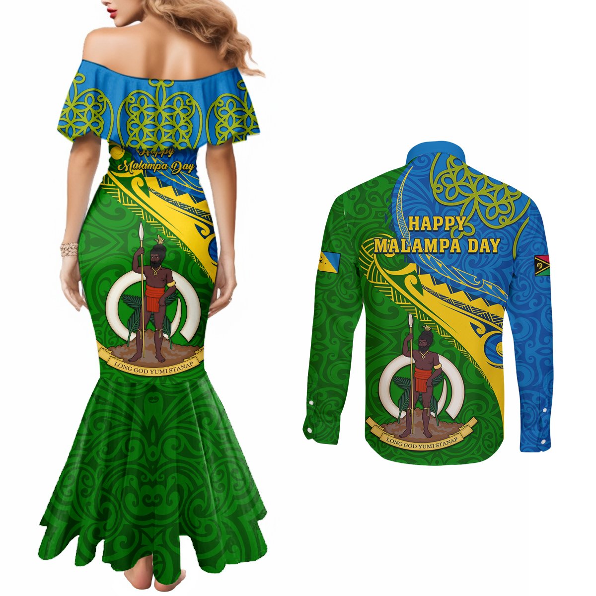 Malampa Day Couples Matching Mermaid Dress and Long Sleeve Button Shirts Sand Drawing Vanuatuan Pattern LT05 - Polynesian Pride