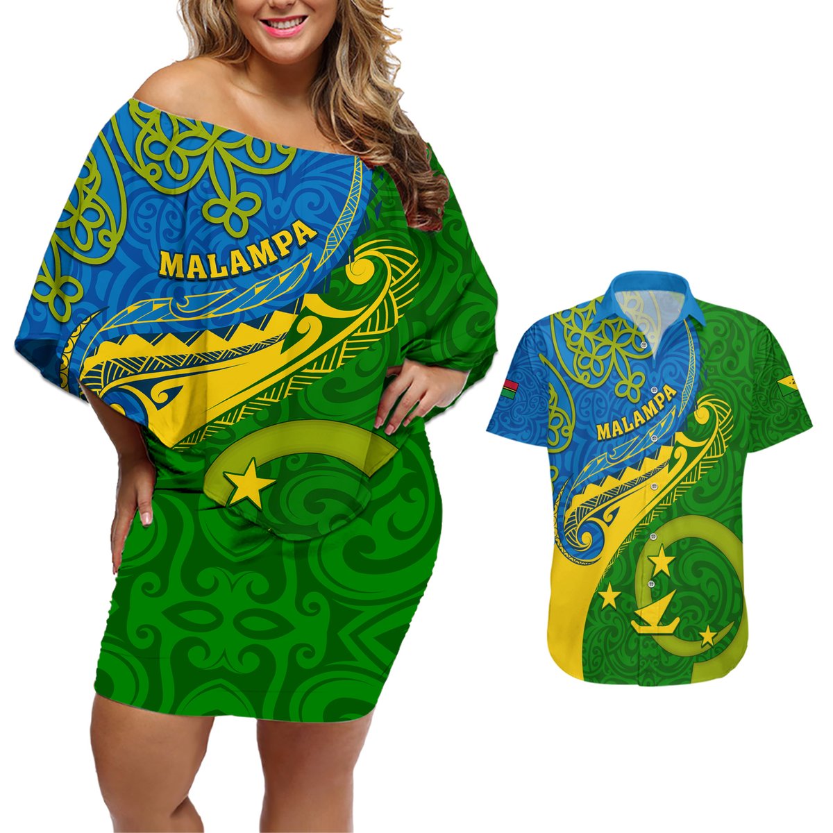 Malampa Day Couples Matching Off Shoulder Short Dress and Hawaiian Shirt Sand Drawing Vanuatuan Pattern LT05 Green - Polynesian Pride