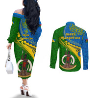 Malampa Day Couples Matching Off The Shoulder Long Sleeve Dress and Long Sleeve Button Shirts Sand Drawing Vanuatuan Pattern LT05 - Polynesian Pride