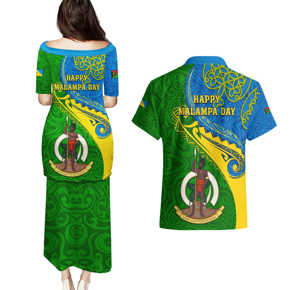 malampa-day-couples-matching-puletasi-dress-and-hawaiian-shirt-sand-drawing-vanuatuan-pattern