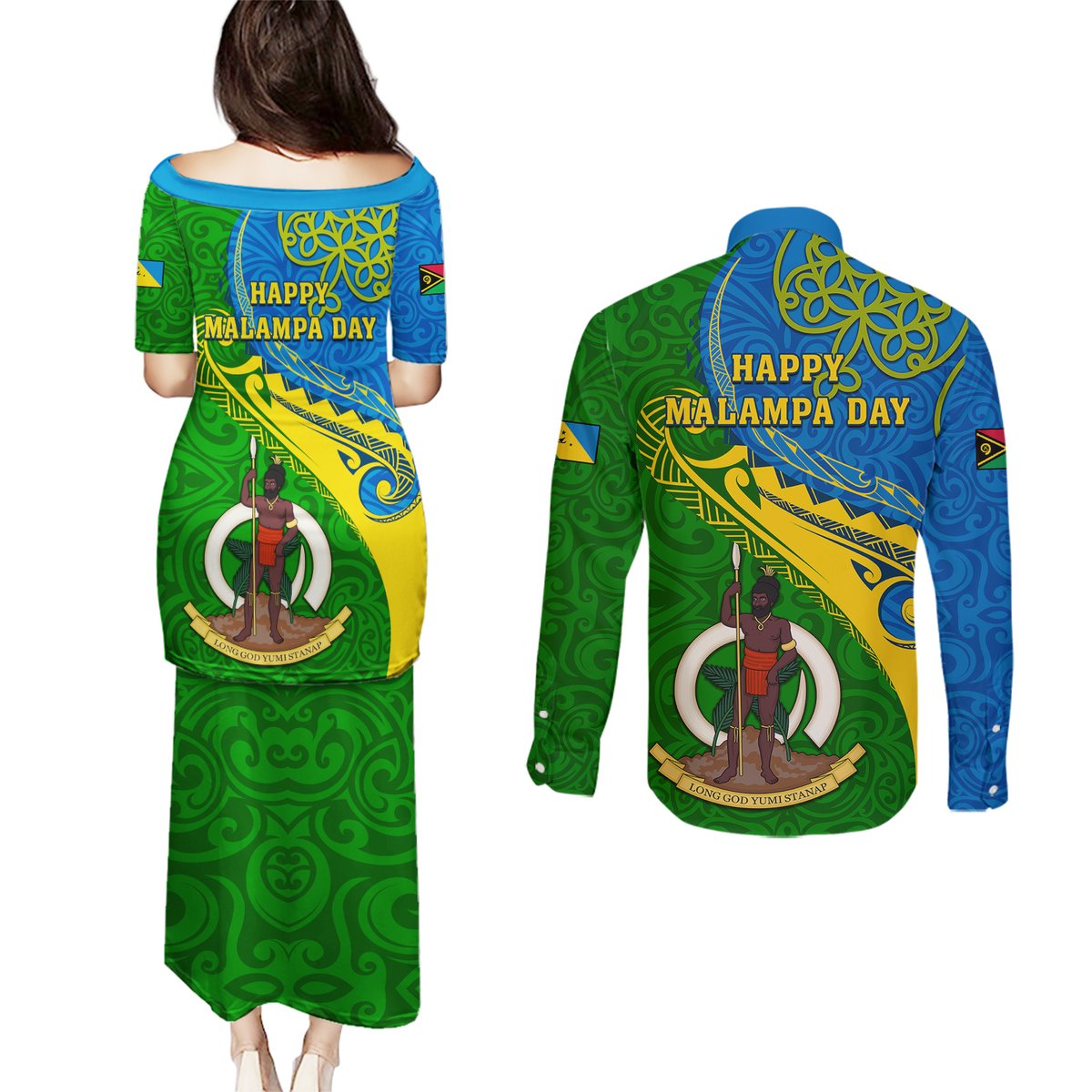 Malampa Day Couples Matching Puletasi Dress and Long Sleeve Button Shirts Sand Drawing Vanuatuan Pattern LT05 - Polynesian Pride