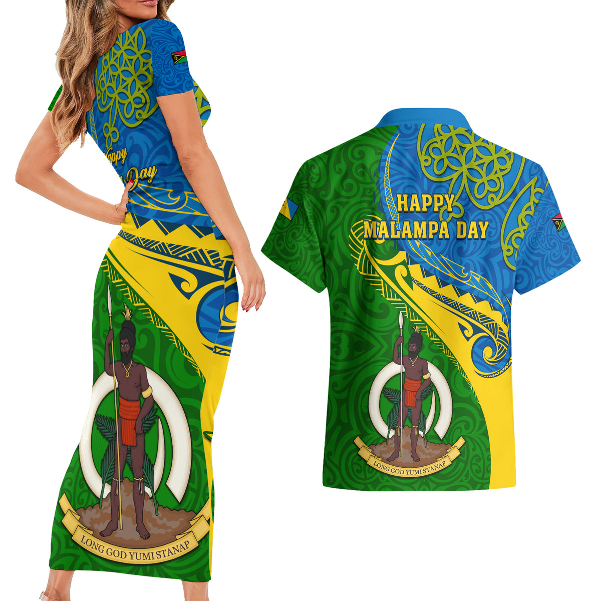 Malampa Day Couples Matching Short Sleeve Bodycon Dress and Hawaiian Shirt Sand Drawing Vanuatuan Pattern LT05 - Polynesian Pride