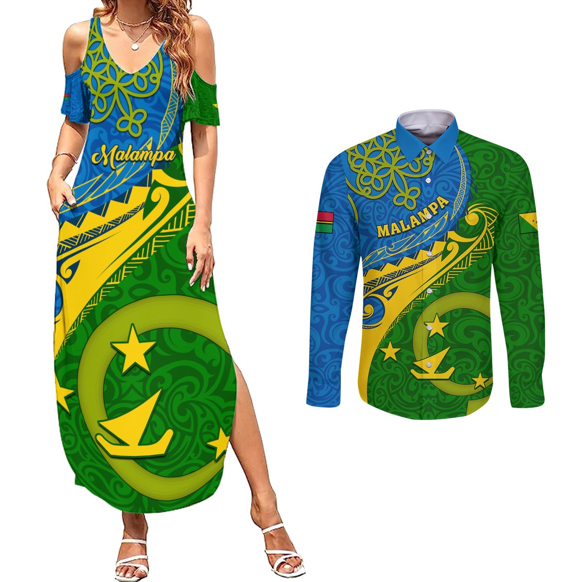 Malampa Day Couples Matching Summer Maxi Dress and Long Sleeve Button Shirts Sand Drawing Vanuatuan Pattern LT05 Green - Polynesian Pride