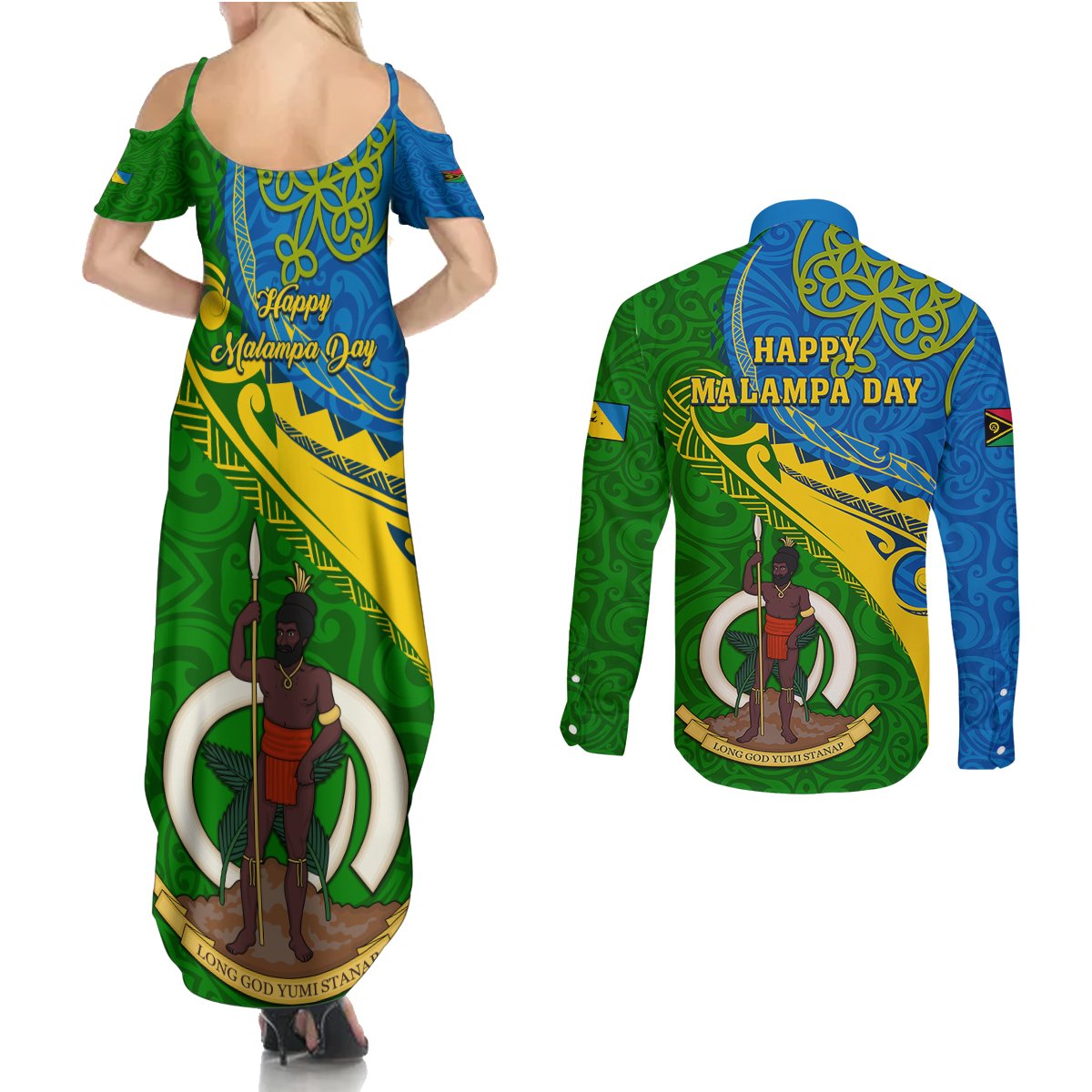 Malampa Day Couples Matching Summer Maxi Dress and Long Sleeve Button Shirts Sand Drawing Vanuatuan Pattern LT05 - Polynesian Pride