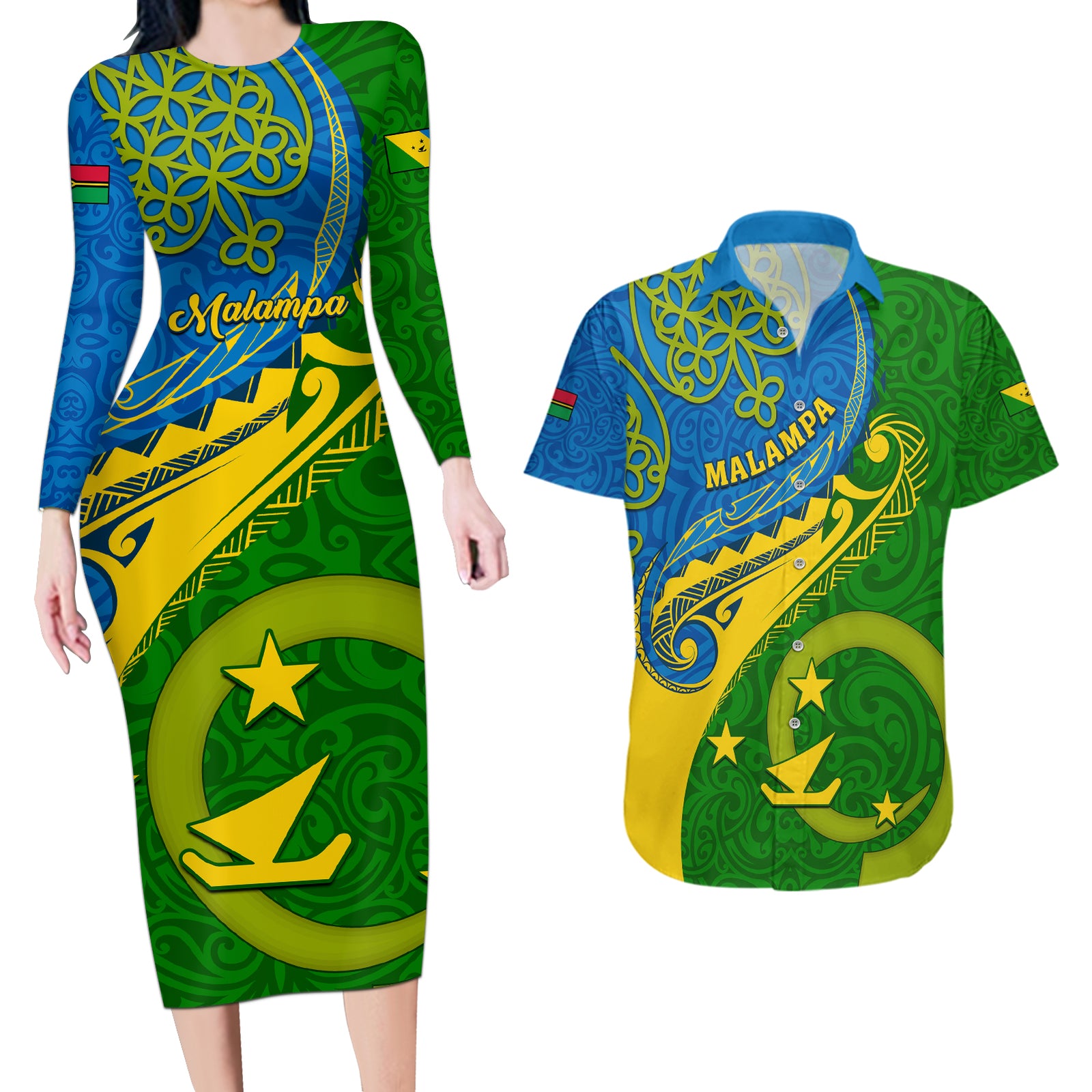 Personalized Malampa Day Couples Matching Long Sleeve Bodycon Dress and Hawaiian Shirt Sand Drawing Vanuatuan Pattern LT05 Green - Polynesian Pride
