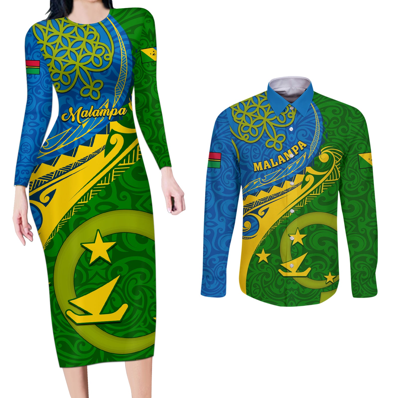 Personalized Malampa Day Couples Matching Long Sleeve Bodycon Dress and Long Sleeve Button Shirts Sand Drawing Vanuatuan Pattern LT05 Green - Polynesian Pride