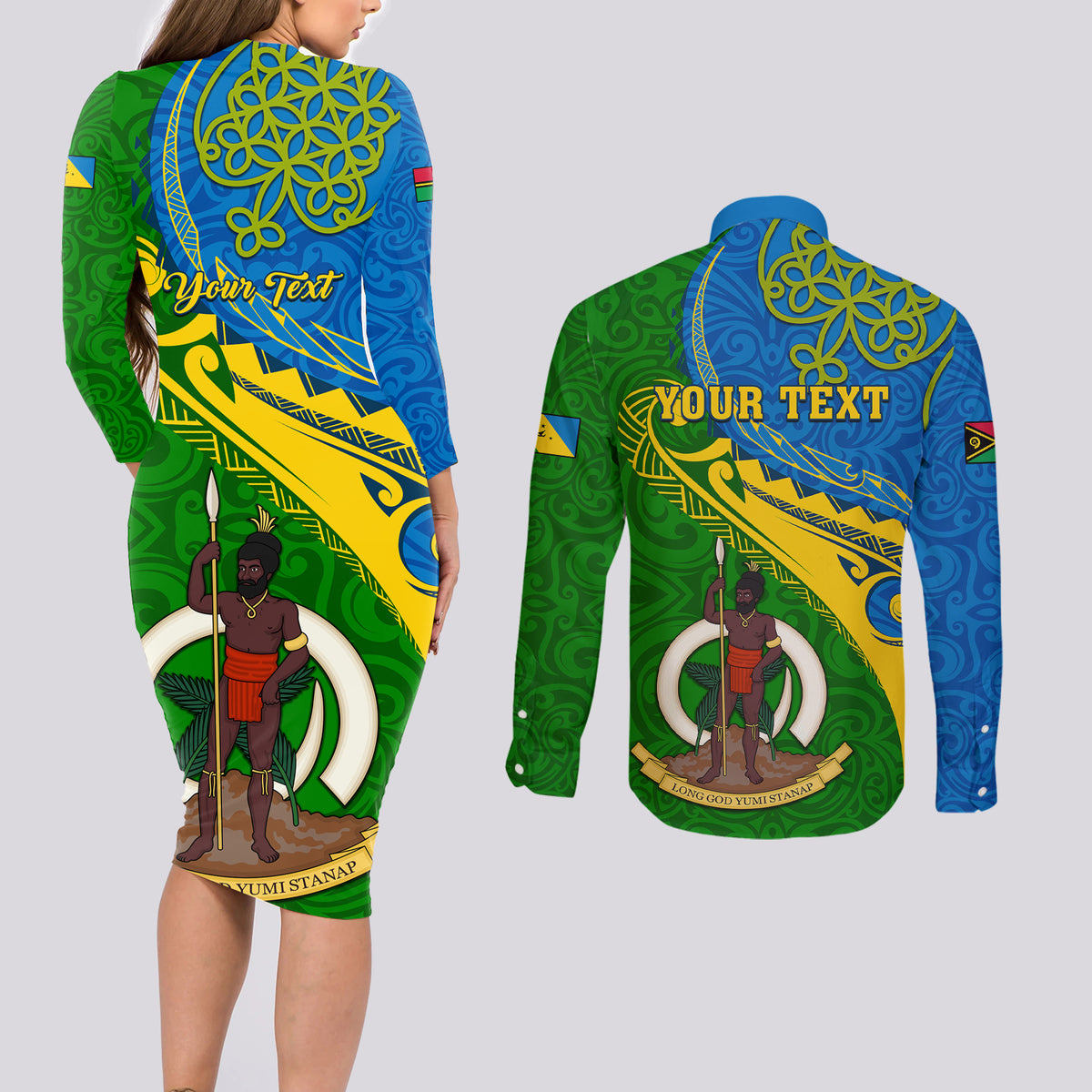 Personalized Malampa Day Couples Matching Long Sleeve Bodycon Dress and Long Sleeve Button Shirts Sand Drawing Vanuatuan Pattern LT05 - Polynesian Pride