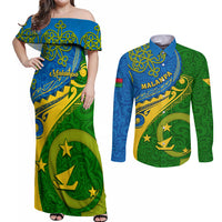 Personalized Malampa Day Couples Matching Off Shoulder Maxi Dress and Long Sleeve Button Shirts Sand Drawing Vanuatuan Pattern LT05 Green - Polynesian Pride