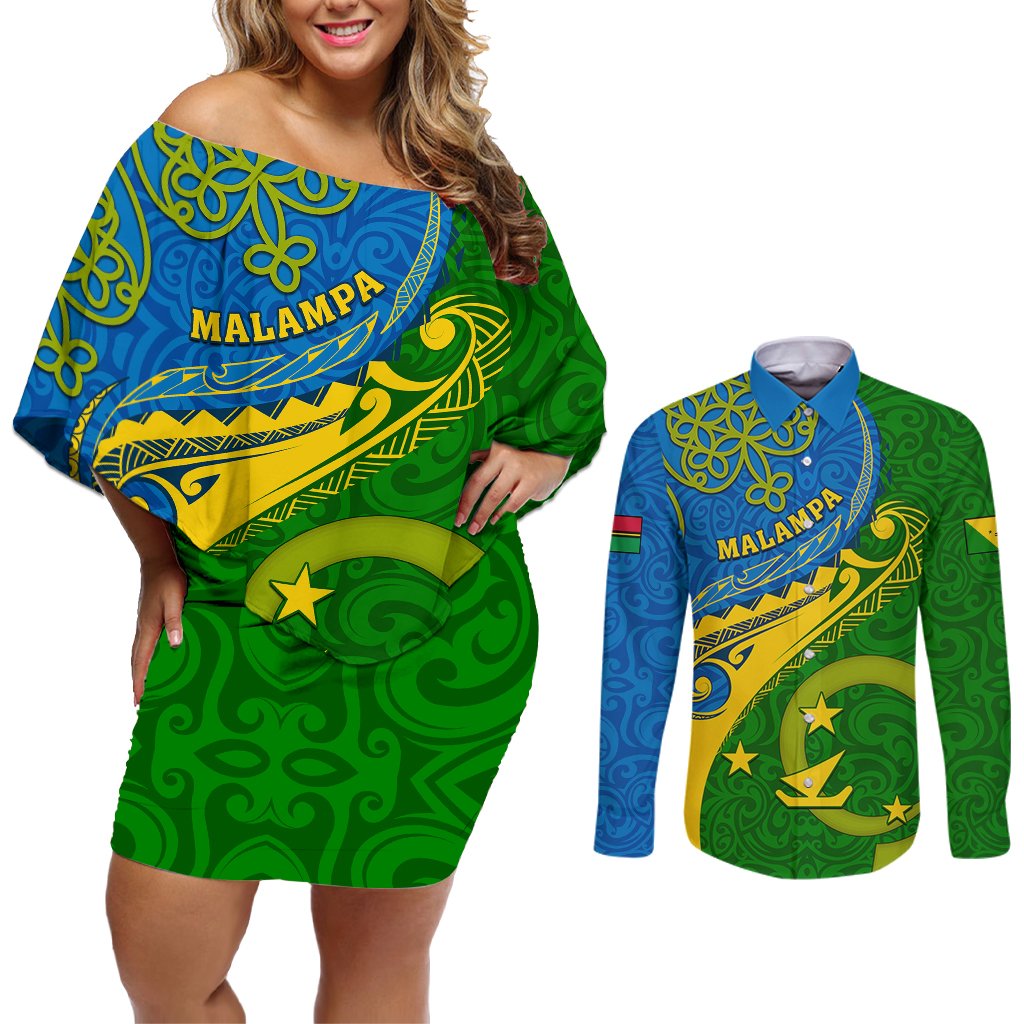 Personalized Malampa Day Couples Matching Off Shoulder Short Dress and Long Sleeve Button Shirts Sand Drawing Vanuatuan Pattern LT05 Green - Polynesian Pride
