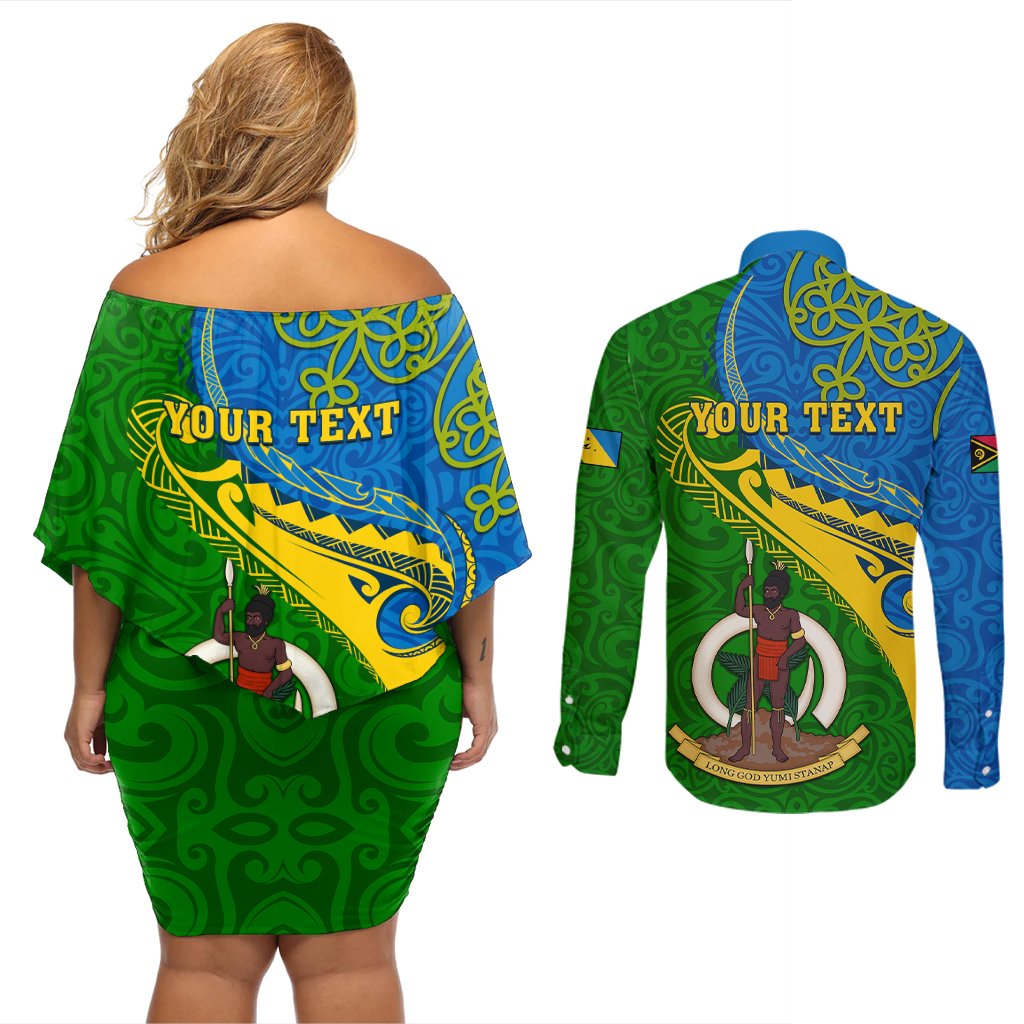 Personalized Malampa Day Couples Matching Off Shoulder Short Dress and Long Sleeve Button Shirts Sand Drawing Vanuatuan Pattern LT05 - Polynesian Pride