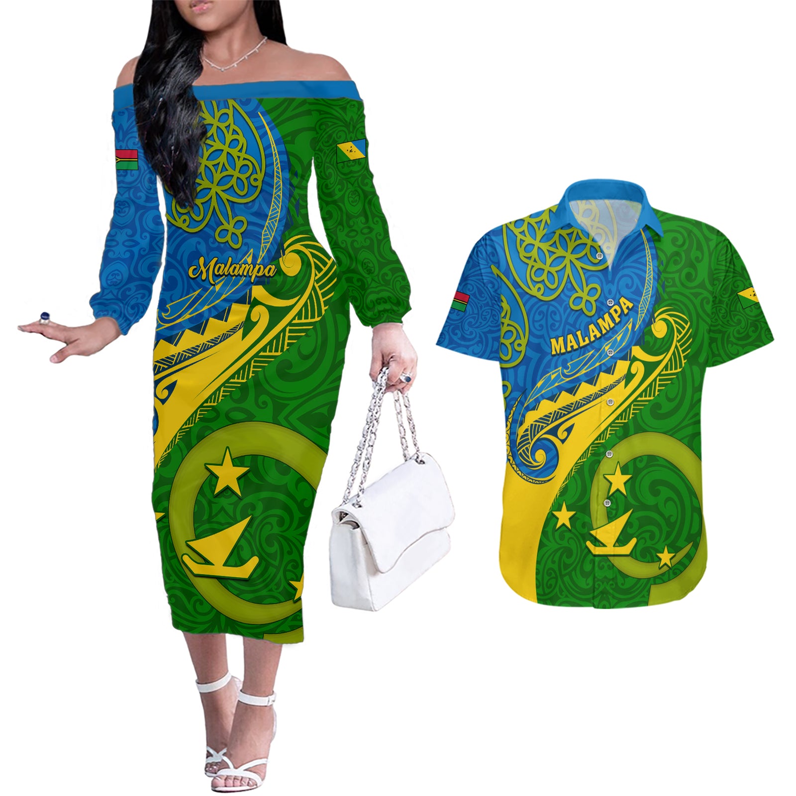 Personalized Malampa Day Couples Matching Off The Shoulder Long Sleeve Dress and Hawaiian Shirt Sand Drawing Vanuatuan Pattern LT05 Green - Polynesian Pride