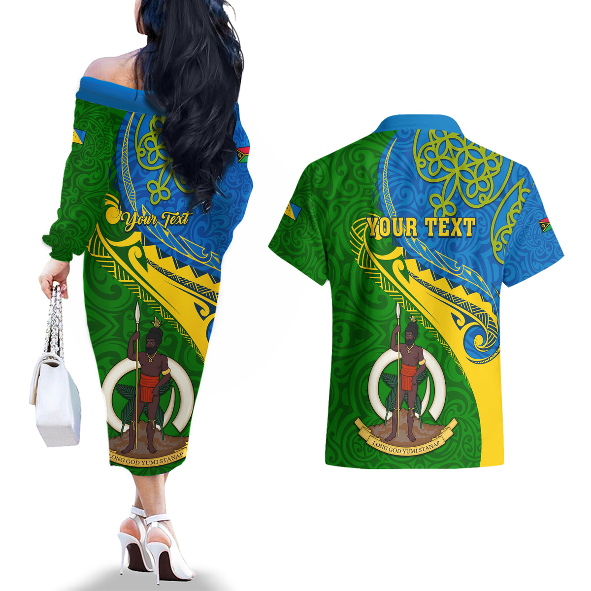 Personalized Malampa Day Couples Matching Off The Shoulder Long Sleeve Dress and Hawaiian Shirt Sand Drawing Vanuatuan Pattern LT05 - Polynesian Pride