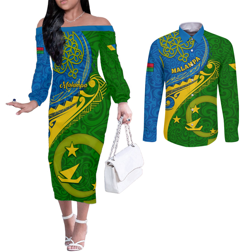 Personalized Malampa Day Couples Matching Off The Shoulder Long Sleeve Dress and Long Sleeve Button Shirts Sand Drawing Vanuatuan Pattern LT05 Green - Polynesian Pride