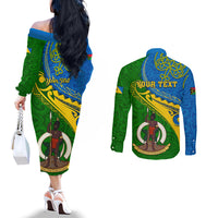 Personalized Malampa Day Couples Matching Off The Shoulder Long Sleeve Dress and Long Sleeve Button Shirts Sand Drawing Vanuatuan Pattern LT05 - Polynesian Pride