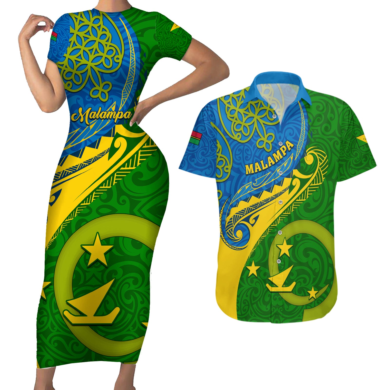 Personalized Malampa Day Couples Matching Short Sleeve Bodycon Dress and Hawaiian Shirt Sand Drawing Vanuatuan Pattern LT05 Green - Polynesian Pride