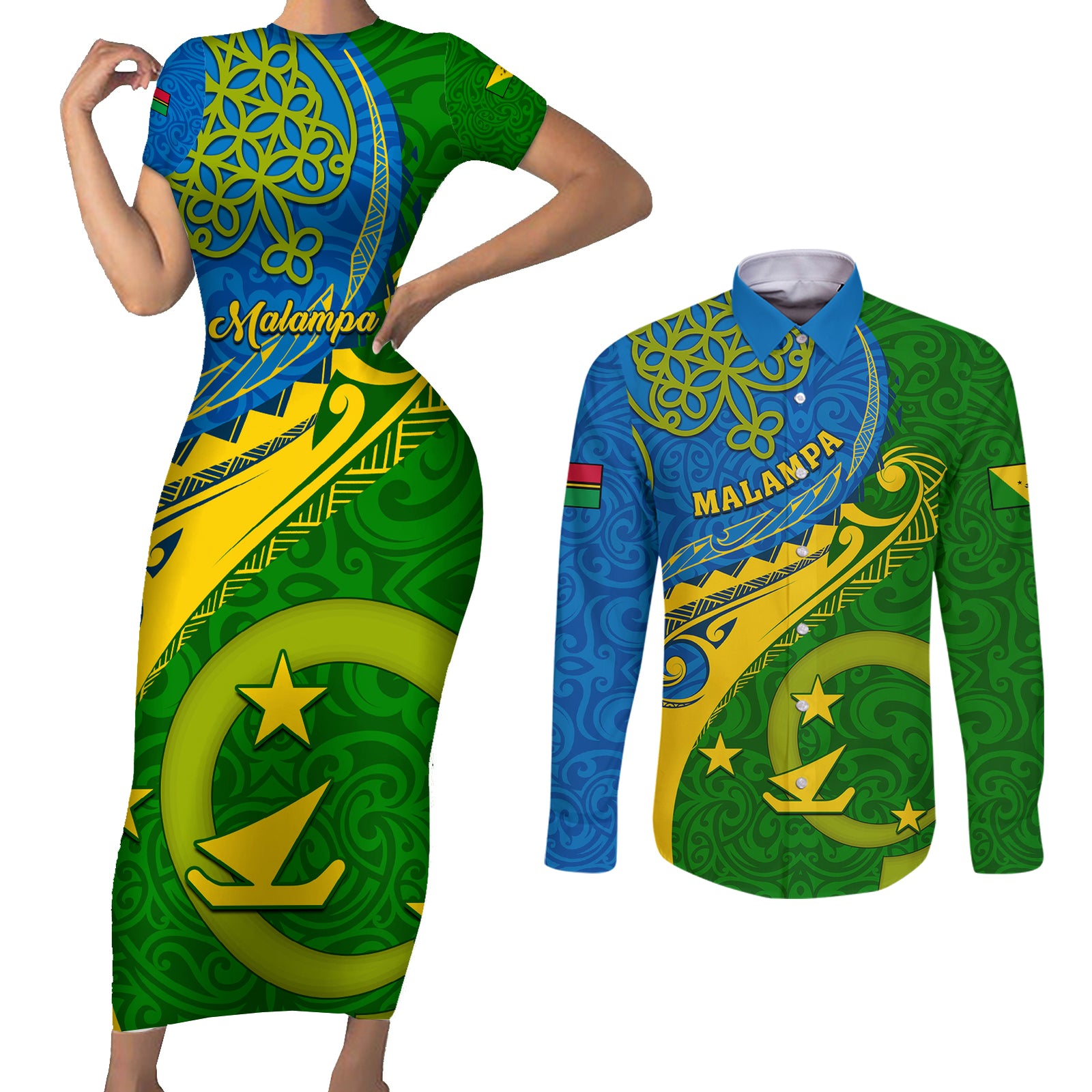 Personalized Malampa Day Couples Matching Short Sleeve Bodycon Dress and Long Sleeve Button Shirts Sand Drawing Vanuatuan Pattern LT05 Green - Polynesian Pride