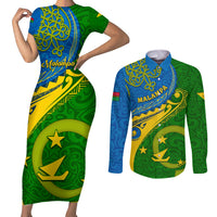 Personalized Malampa Day Couples Matching Short Sleeve Bodycon Dress and Long Sleeve Button Shirts Sand Drawing Vanuatuan Pattern LT05 Green - Polynesian Pride
