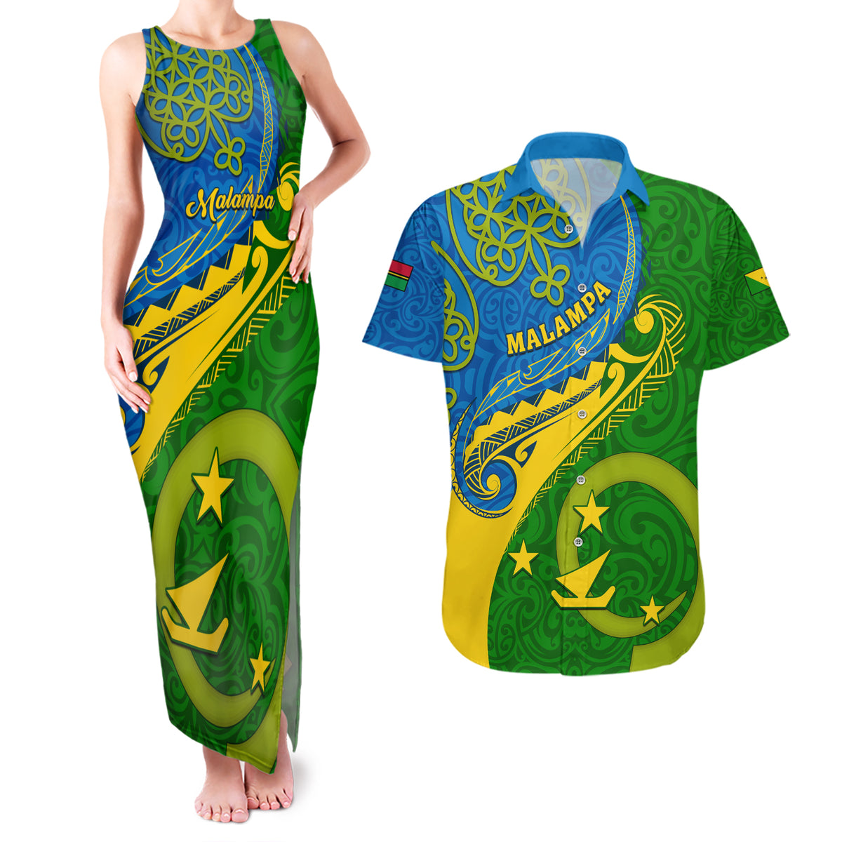 Personalized Malampa Day Couples Matching Tank Maxi Dress and Hawaiian Shirt Sand Drawing Vanuatuan Pattern LT05 Green - Polynesian Pride