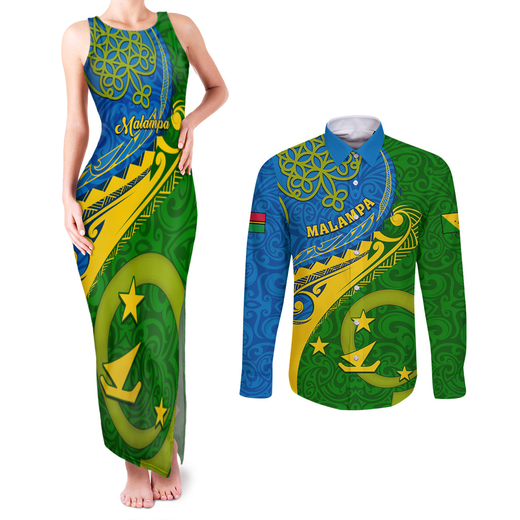 Personalized Malampa Day Couples Matching Tank Maxi Dress and Long Sleeve Button Shirts Sand Drawing Vanuatuan Pattern LT05 Green - Polynesian Pride