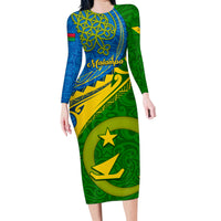 Personalized Malampa Day Family Matching Long Sleeve Bodycon Dress and Hawaiian Shirt Sand Drawing Vanuatuan Pattern LT05 Mom's Dress Green - Polynesian Pride