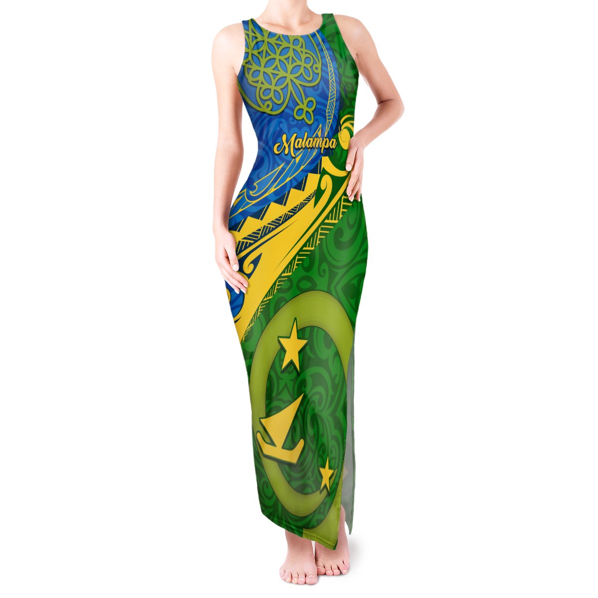 Personalized Malampa Day Tank Maxi Dress Sand Drawing Vanuatuan Pattern LT05 Women Green - Polynesian Pride