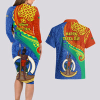 Tafea Day Couples Matching Long Sleeve Bodycon Dress and Hawaiian Shirt Sand Drawing Vanuatuan Pattern LT05 - Polynesian Pride