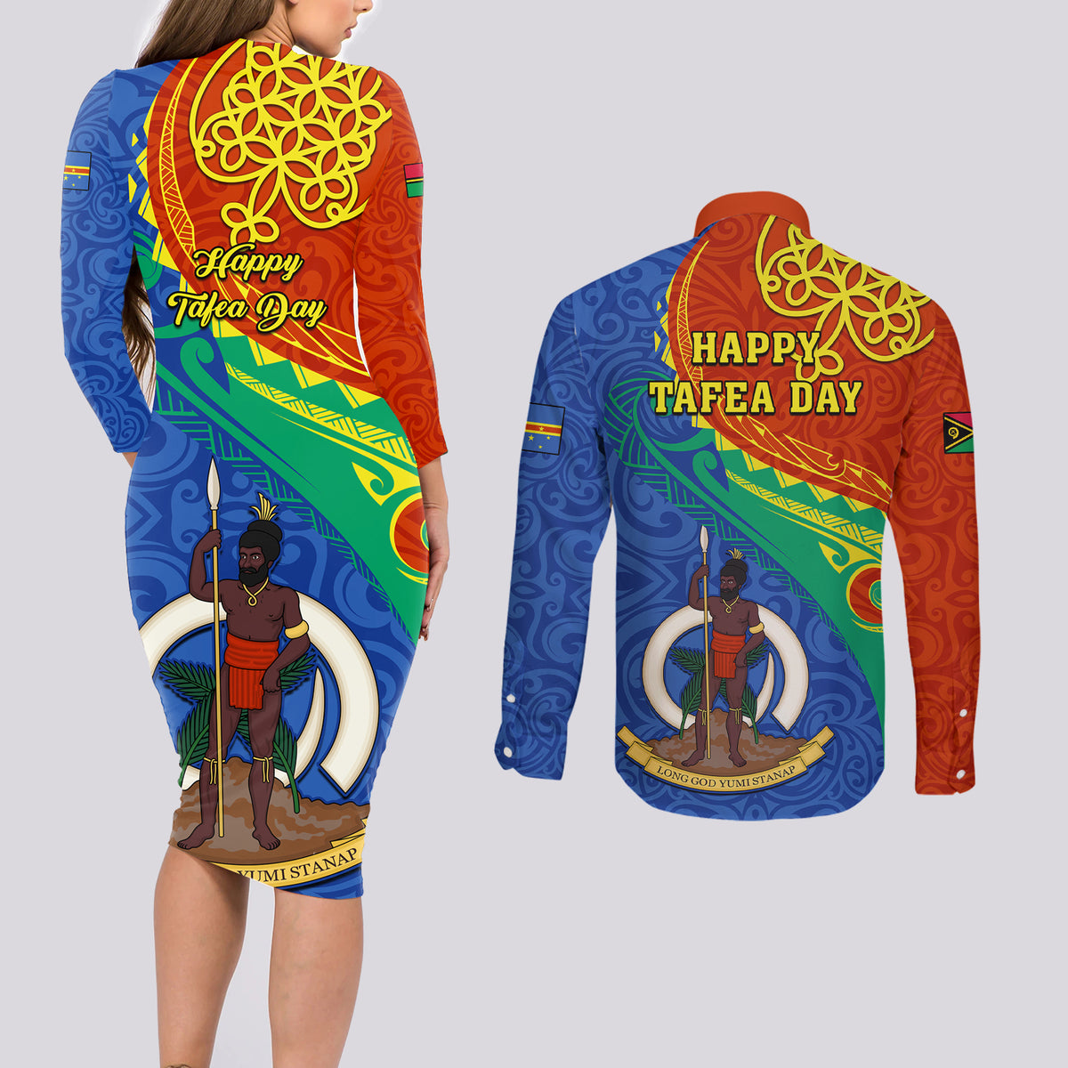 Tafea Day Couples Matching Long Sleeve Bodycon Dress and Long Sleeve Button Shirts Sand Drawing Vanuatuan Pattern LT05 - Polynesian Pride