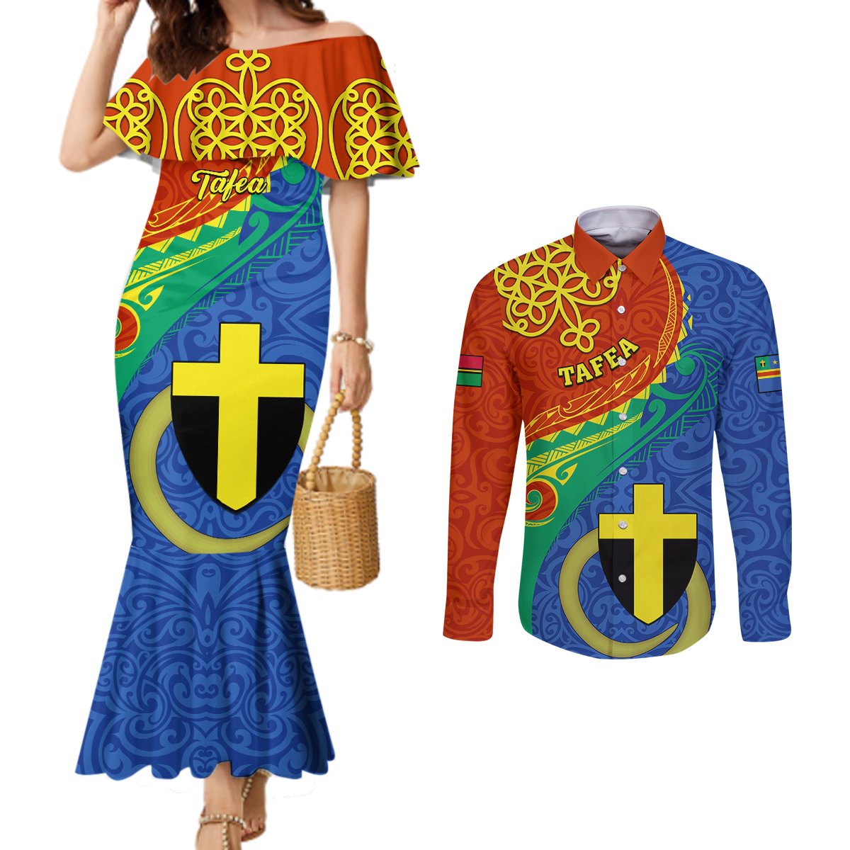 Tafea Day Couples Matching Mermaid Dress and Long Sleeve Button Shirts Sand Drawing Vanuatuan Pattern LT05 Blue - Polynesian Pride